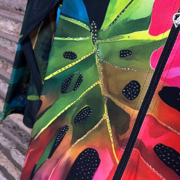 Valentina Colorful Leaf Design Full Zip Mesh Bling Top Jacket Size Medium - Picture 7 of 10